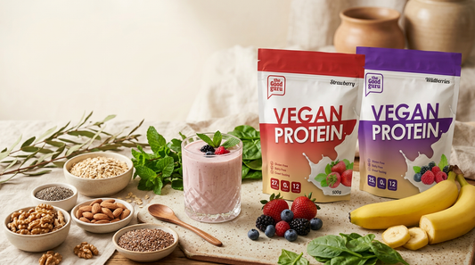 Good Guru Vegan Protein Powder with berries, banana, oats and seeds for natural daily energy support.